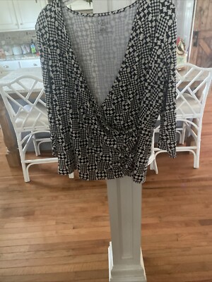 Talbots Surplice V-Neck Crossbody Faux Wrap Top Ivory & Black Size 1X