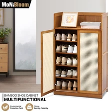 23.5" Bamboo Shoe Rack 6-Tier Storage Sneakers Organizer w/Plastic Rattan Door