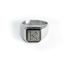 Stainless Steel Floral Monogram Letter K Mens Square Biker Flat Top Signet Ring