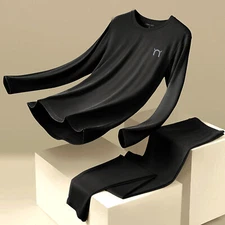 Soft Winter Men Fleece Underwear Set Black Thermal Long Johns Top Bottom Pants