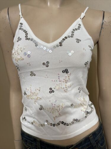 Women’s White Rayon Casual Summer Opened Beaded Slim Straps Size M Blouse Top