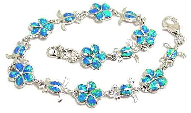 PULSERA INCRUSTADA ÓPALO PLATA 925 PLUMERIA HAWAIANA FLOR HONU TORTUGA ESLABÓN 7"+ Foto 4 de 4