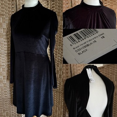BNWT NOBODYS CHILD Black Velvet Victoria Mini Dress UK 16 L37  OPEN BACK Prom