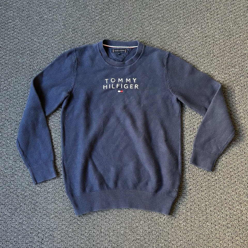 Tommy Hilfiger Knit Sweater Womens XS S Navy Logo Crewneck Cotton Jumper