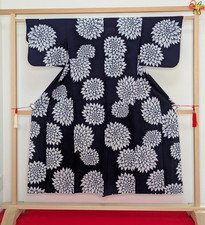 Authentic Japanese Yukata Cotton Kimono Navy Blue Chrysanthemum Summer Robe