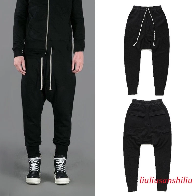 Black Mens Drop Low Crotch Trousers Drawstring Sweat Pants Joggers Bottoms Pants