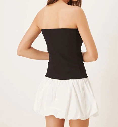 VILA Black & White Strapless Bubble Hem Mini Dress Short Length Size UK 12