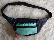 Vtg Unbranded Fanny Pack Belt Bag Blues Colorblock Adj. Pink Zipper Pulls READ 