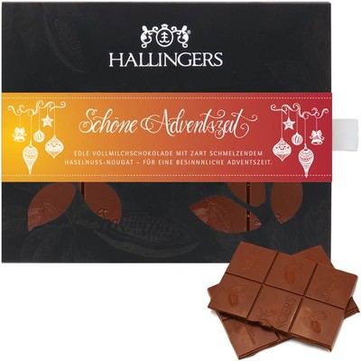 Hallingers Schöne Adventszeit Vollmilch Edel-Schokolade mit Haselnuss-Nougat, ha