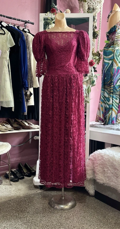 Maxi Vestido Vintage Años 80 Encaje Borgoña Rojo Mangas Abullonadas Pradera Victoriano XXS XS Foto 2 de 4