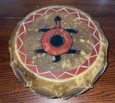 Vintage Native American Rawhide Wood Pow Wow Hand Drum Painted With Turtle 9.5"