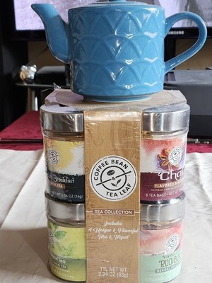 Coffee Bean & Tea Leaf Tea Collection Blue Artistic Tea Pot & Four Tea's & Tins
