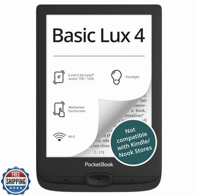 PocketBook Basic Lux 4 E-Book Reader - 6'' Glare-Free HD E-Ink Dis