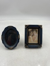 Ornate Miniature Tabletop Photo Frames Set of 2 Blue Gold Victorian Style Resin