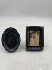 Ornate Miniature Tabletop Photo Frames Set of 2 Blue Gold Victorian Style Resin