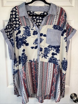 CJ Banks Floral Patchwork Red White Blue Short Sleeve Top Size 2X