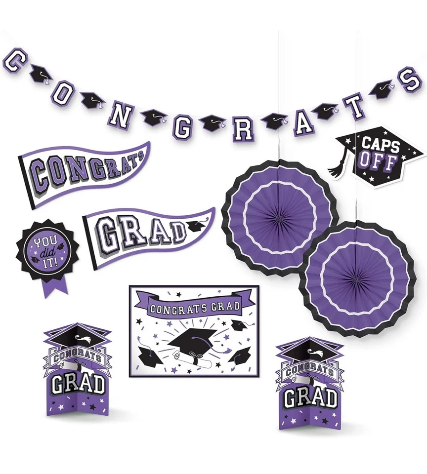 Purple Congrats Grad 10 Pc Room Decorating Kit School Spirit Graduation New  - Image 3 of 4