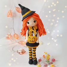 Cute Amigurumi Crochet Witch Doll with Pumpkin, Halloween Decoration Gift