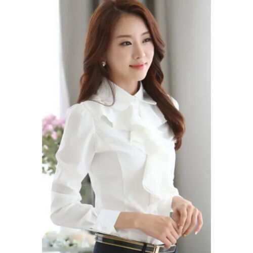 Womens Long Sleeve Shirt Tops Bow Tie Front Frilly Ruffle Solid Chiffon Blouse