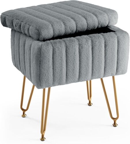 Vanity Stool Chair Storage Ottoman Faux Fur Soft Padded Makeup Footstools Seat - Picture 16 of 18