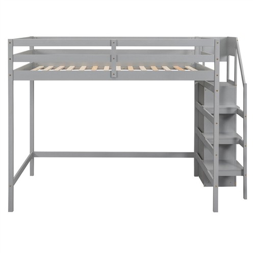 Full Size Loft Bed with Built-in Storage Wardrobe &Staircase for Kids Teens Gray - Picture 5 of 16