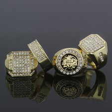 Mens 14K Gold Plated Hip Hop 4 Rings Bundle Cubic Zirconia Size 7 - 12 E3 