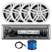 Kenwood Bluetooth Marine Receiver, 4x 6.5" 180W White Speakers w/Antenna, Wire