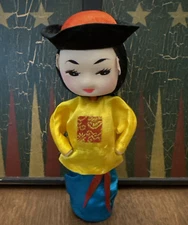 Vintage Doll Traditional Cloth Asian Chinese Silk Hand Painted Wearing Hat 6.25"