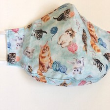 Handmade Adult Face Mask Cats on Blue print nose wire chin piece lined cotton US