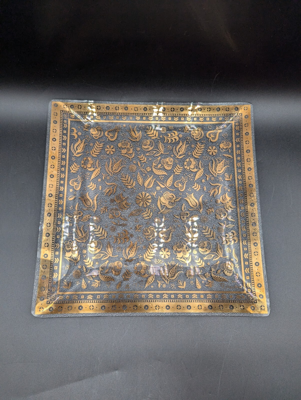 VTG MCM Georges Briard Glass Tray 12"x12" Plate Persian Garden 22k Gold Signed