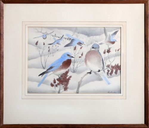 Rex Brasher, Bleu Oiseaux, Coloriée à la Main Lithographie, Signée En Encre - Photo 1/1