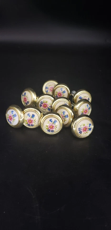  Floral on Beige Porcelain 12 Drawer Knobs Round 1.25" Pulls 1960s Brass Vtg - Image 2 of 4