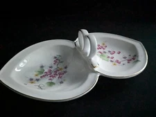 Vtg Dbl. Heart Floral Tidbit  Dish W/ Matching Candle Holders Italy Signed