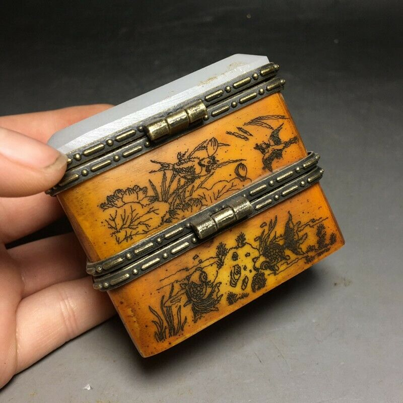 Old Chinese Ox inlay Hand Painted mandarin duck Jewelry Boxes