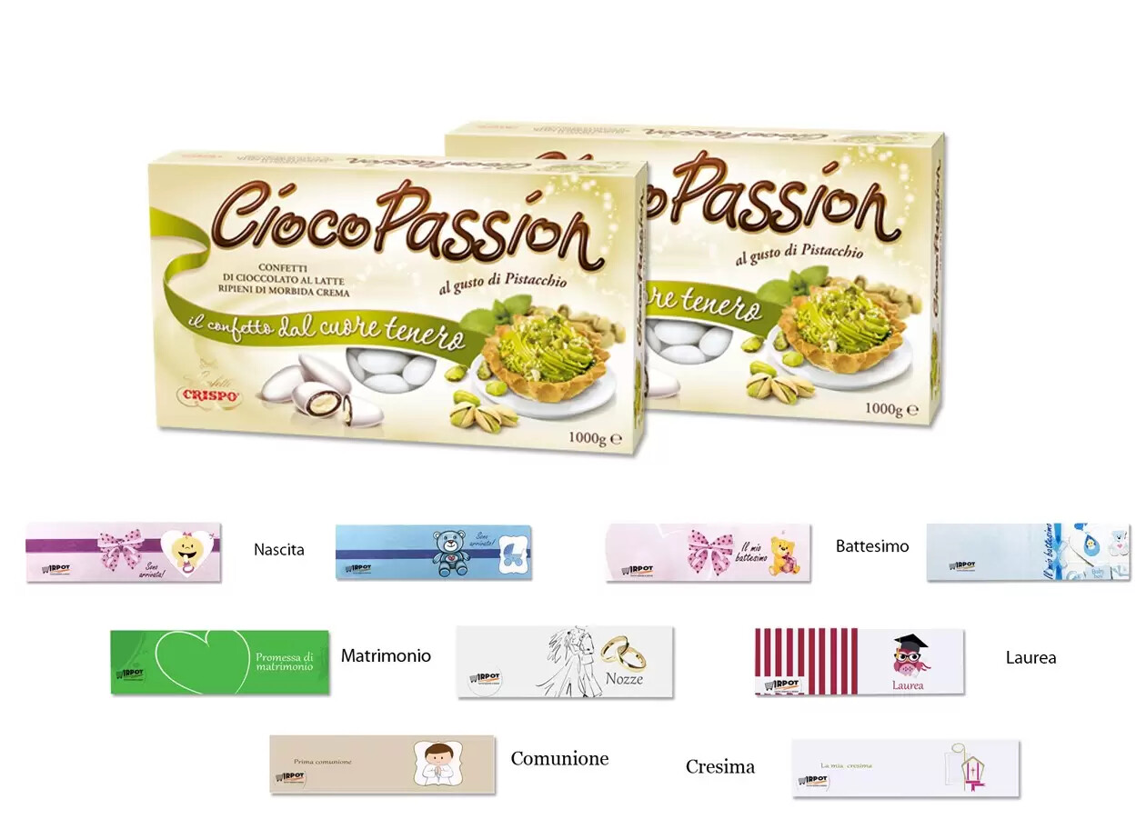 CIOCOPASSION CRISPO CONFETTI PISTACCHIO 2 KG + 100 BIGLIETTINI BOMBONIERE SCELTA
