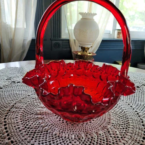 Fenton Ruby Red 8" Basket w/ Thumbprint Pattern Ruffled Collar & Crimped Handle