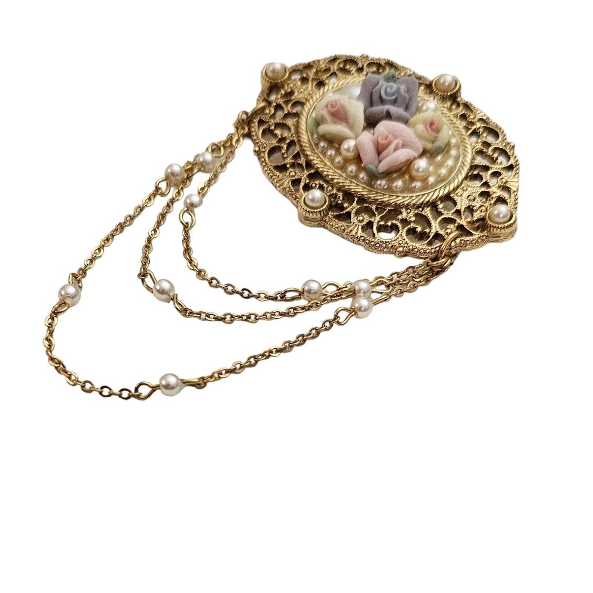 1928 Brand Porcelain Rose Victorian Style Chatelaine Chain