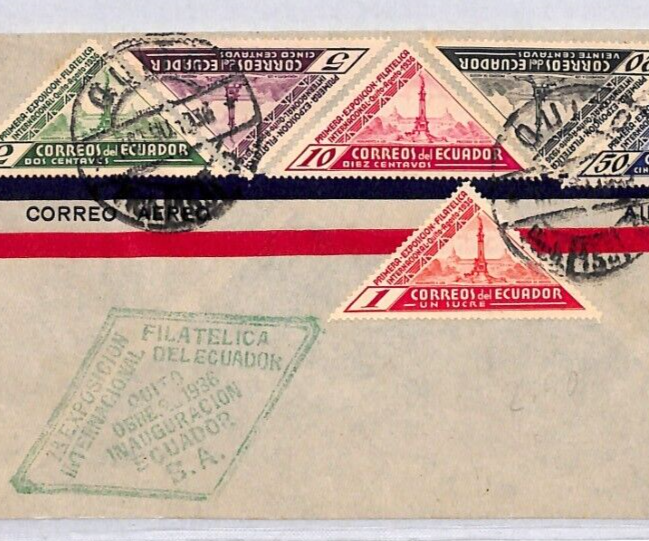 ECUADOR Air Mail Cover PHILATELIC EXHIBITION *Triangulars* Set{6} 1936 FDC? YU97