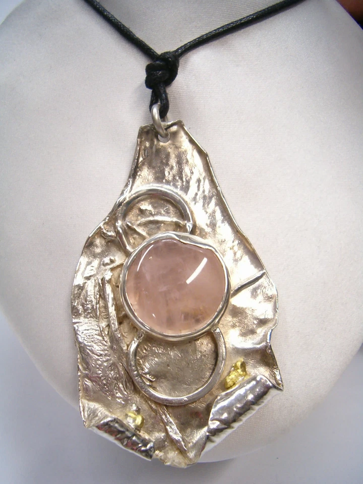 Ciondolo in ARGENTO 925 con QUARZO ROSA naturale -pendente pietra dura girocollo - Immagine 3 di 4