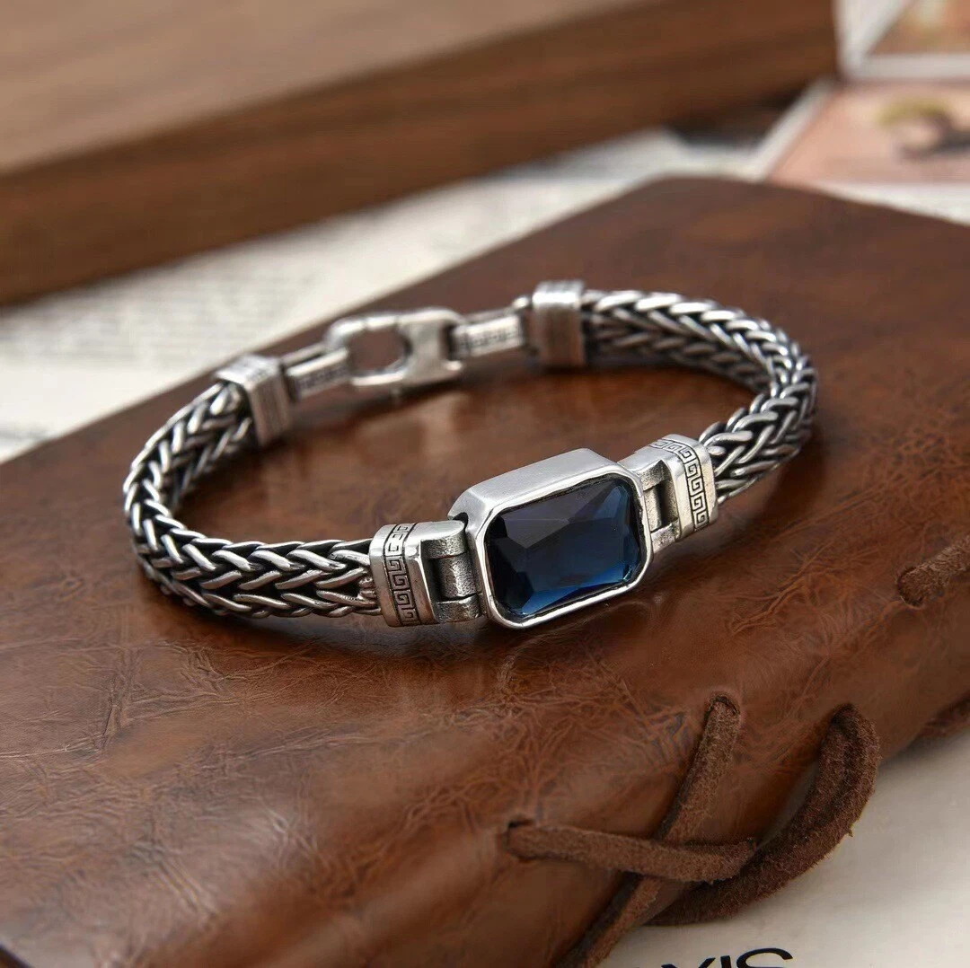 Real 925 Sterling Silver Bracelet Men Blue Zircon Square Wheat