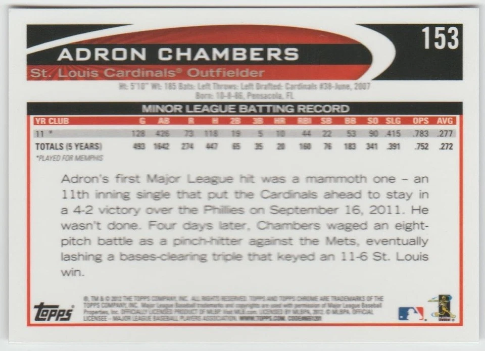2012 Topps Chrome #153 Adron Chambers RC - St. Louis Cardinals - Image 2 of 2
