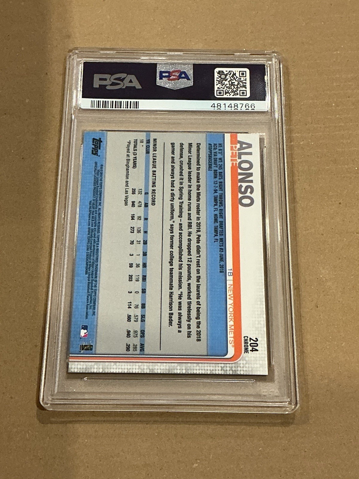2019 Topps Chrome - Pete Alonso #204 Prism Refractor (RC) PSA 10 Gem Mint view 2