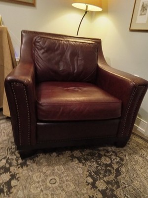 Library/Den Club Chair Oxblood Leather 36'' wide with brass nail head trim