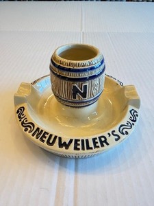 ** VINTAGE NEUWEILER'S BREWERY STONEWARE ASHTRAY & MATCH HOLDER **