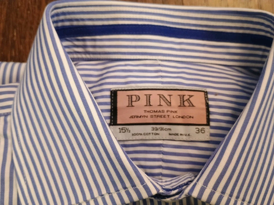 THOMAS PINK  Blue White Pin Striped DRESS SHIRT French Cuff MENS 15 1/2 - 36 EUC - Image 2 of 4