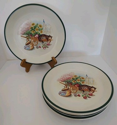 Set 4 Cat Nap Dinner Plates Century Stoneware Country Garden Farmhouse Kitchen