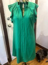 Vince Camuto Women’s Green V-Neck Shift Dress Ruffle Sleeve Chiffon 10