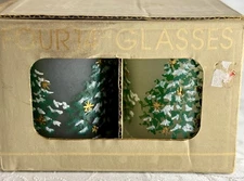 4 Vintage Georges Briard 14 oz Double Old-Fashioned Christmas Tree Glasses w Box