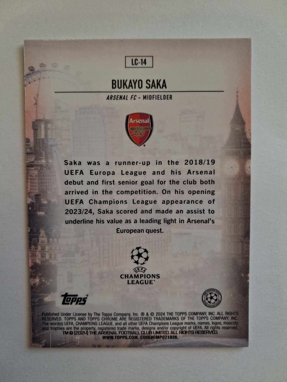Bukayo Saka 2023-24 Topps Chrome UEFA #LC-14 Refractor London Calling Arsenal view 2
