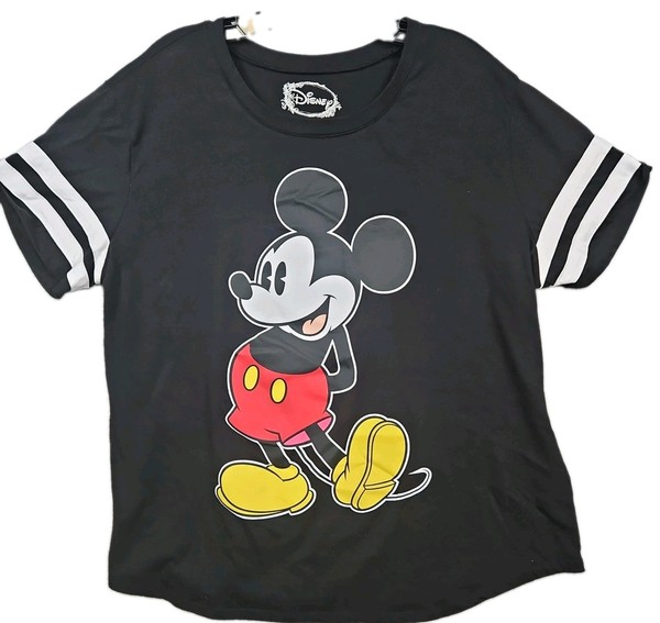 Disney Mickey Mouse Varsity Striped Shirt Womens Plus Size 2XL Black Graphic Tee